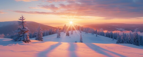 Sticker - Radiant sunrise over a snowy mountain, 4K hyperrealistic photo