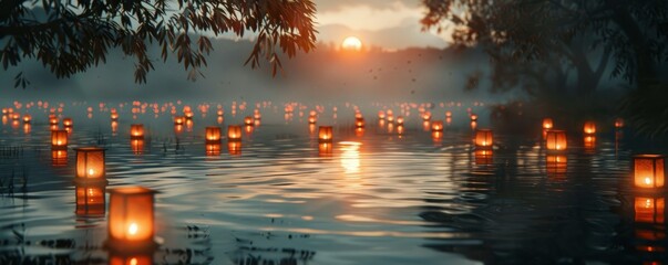 Poster - Floating lanterns on a river at dusk, 4K hyperrealistic photo