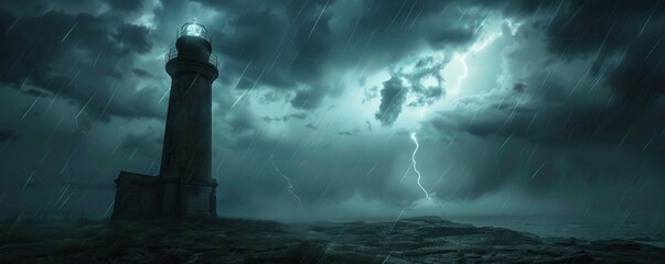 Sticker - Thunderstorm rain shower over coastal lighthouse, 4K hyperrealistic photo