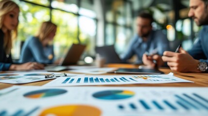 Wall Mural - Business Team Analyzing Financial Data in a Modern Office Setting with Charts and Graphs