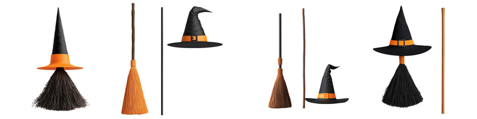 Set of whimsical witch accessories including hats and brooms for Halloween decorations.