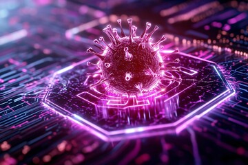 Poster - Futuristic digital virus representation on a neon-lit circuit board illustrating technology and cybersecurity themes.