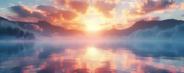 Canvas Print - Serene sunrise over a tranquil lake, 4K hyperrealistic photo