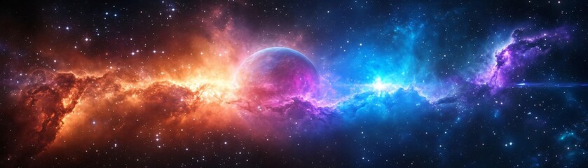 Wall Mural - Stunning cosmic scene featuring vibrant colors, swirling clouds, and a distant planet, showcasing the beauty of the universe.