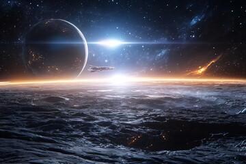 Wall Mural - Stunning view of a distant planet in the vastness of space, showcasing stars, galaxies, and a cosmic landscape.