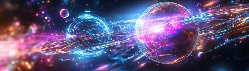 Wall Mural - Vibrant abstract cosmic scene featuring colorful planets and dynamic light trails, evoking the wonder of the universe.