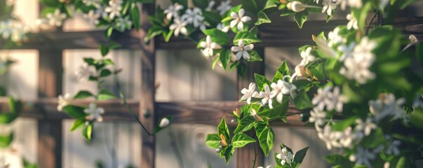 Sticker - Fragrant jasmine climbing a rustic trellis, 4K hyperrealistic photo