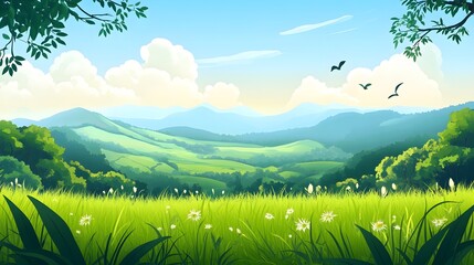 Scenic summer landscape with lush green fields and hills under a clear blue sky