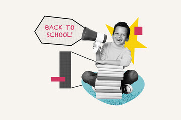 Wall Mural - Creative poster collage of little boy announce back school day shopping kids education concept bizarre unusual fantasy billboard comics