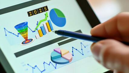 Poster - Data-Driven Projections: 2025.A strategic mind analyzes growth charts, sales funnels, and market trends on a digital tablet, paving the way for a successful future. Generative ai illustration.