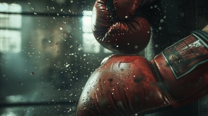 Wall Mural - A pair of boxing gloves striking a heavy bag, with the impact point crisply captured and a faded, indistinct gym scene in the background