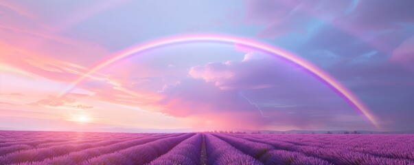 Wall Mural - Double rainbow over lavender fields, 4K hyperrealistic photo