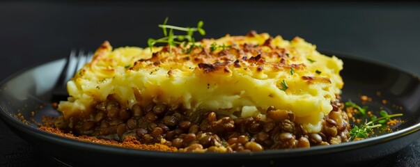 Wall Mural - Lentil shepherd's pie with mashed potatoes, 4K hyperrealistic photo