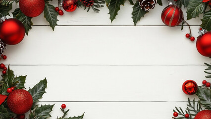 Festive Christmas Background with Leaves and Ornaments