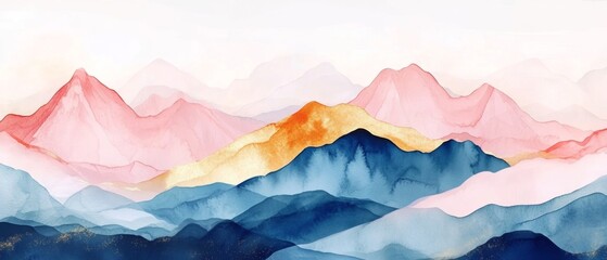 Aufkleber - Minimal Mountain Landscape with Watercolor and Gold Line Art