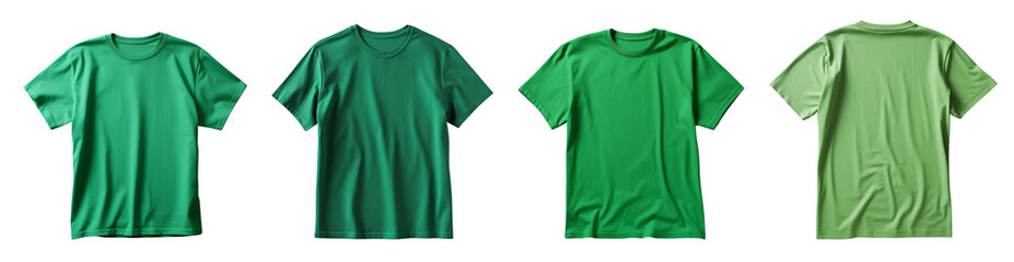 A collection of green t-shirts in various shades, perfect for fashion or textile design projects.