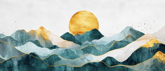 Aufkleber - Minimal Mountain Landscape with Watercolor and Gold Line Art