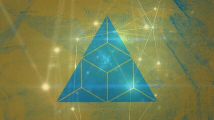 Poster - Geometric shapes and network connections animation over yellow and blue background
