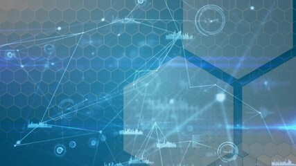 Fototapete - Hexagonal grid and data visualization animation over blue background
