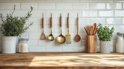 Kitchen brass utensils, chef accessories. Hanging kitchen with white tiles wall and wood tabletop.Green plant on kitchen background generated ai