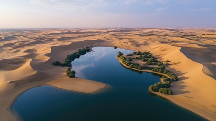 Wall Mural - Top view of the Al Qudra Lakes, Dubai, surrounded by desert dunes and home to migratory birds. No people.