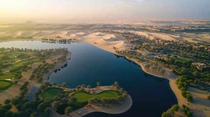 Wall Mural - Top view of the Al Qudra Lakes, Dubai, surrounded by desert dunes and home to migratory birds. No people.