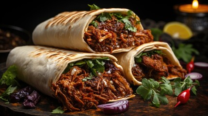 fresh grilled beef turkish or chicken arabic shawarma doner sandwich with flying ingredients 