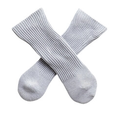 Pair of gray wool socks crossed on white background. Cozy, warm, and comfortable winter wear for both men and women.