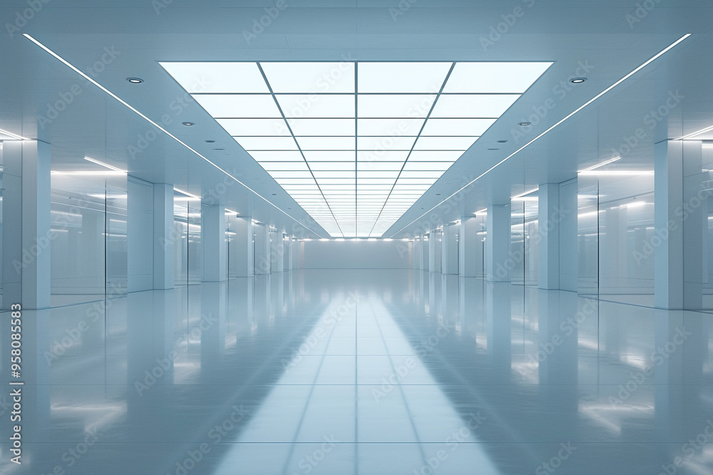 An empty white interior room with indirect ceiling lights on both sides ...