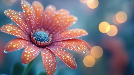 Close-up of a Dew-Covered Orange Flower with Soft Bokeh Background and Warm Lighting