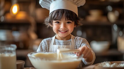 Asian girl wearing a chef hat, excitedly cutting dough with cookie cutters, with flour and baking tools around him