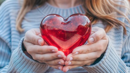 Sticker -  red glass heart in woman hands