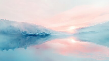 Soft abstract gradients in pale pinks and blues, reflecting the calm and tranquility of a sunrise over a peaceful landscape