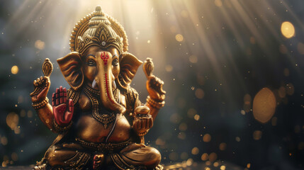 Wall Mural - Lord Ganesha statue with falling sun rays background - ai generative