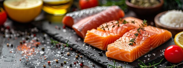 Fresh salmon fillets with herbs and spices on a dark rustic surface