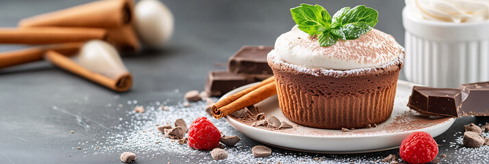 Chocolate lava cake is steaming on a plate with fresh raspberries, blueberries, mint, and chocolate chunks