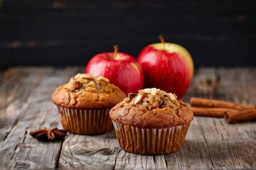 Two Apple Muffins with Cinnamon Sticks and Apples on a Wooden Table