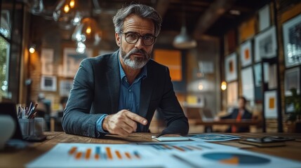 Wall Mural - Businessman in a modern workspace, reviewing documents with a thoughtful expression