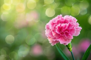 Wall Mural - Single pink carnation stands out against a soft focus background of green foliage