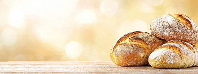 Wall Mural -  A collection of loaves on a wood table, facing a hazy backdrop of soft light