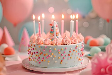 Wall Mural - Birthday cake with pastel-colored frosting, lit candles, and colorful sprinkles, surrounded by festive decorations