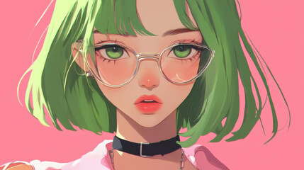 Poster - A vibrant, AIGenerated digital anime girl features striking green hair and a playful pink outfit in a modern style.