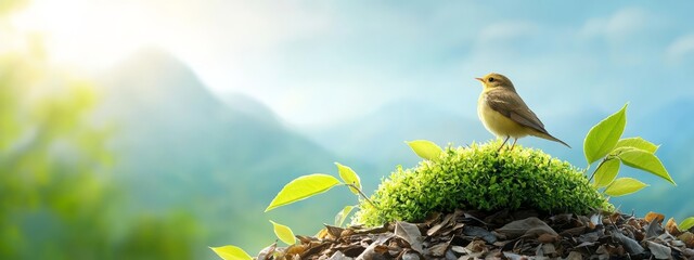  Bird atop dirt mound, near green leafy plant Blue sky backdrop