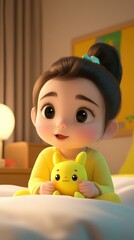 Poster - A cute 3D baby girl with brunette hair joyfully sits on her bed, surrounded by cheerful characters in a cozy home scene.