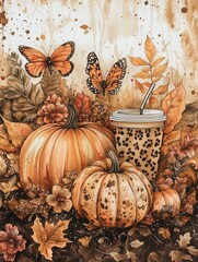 A hand drawn watercolor sparklecore autumn scene with The central motif of pumpkins, with one having a leopard print pattern and one being a completely orange glitter pumpkin. Butterflies, predominant