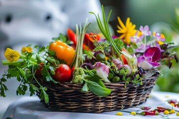 Wall Mural - Wicker basket overflowing with fresh colorful vegetables and edible flowers