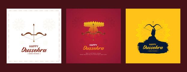 Sticker - Happy Dussehra wishes or greeting social media three post Bow and arrow with ram Hindu festival, Vijayadashami holiday. Vector illustration.