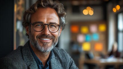 Wall Mural - Confident business leader smiling while brainstorming with the team in a creative meeting space