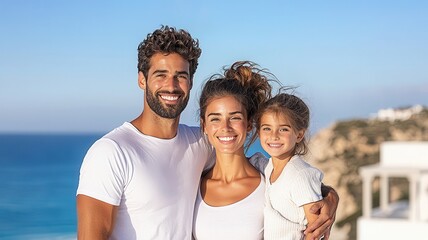 A happy family enjoying a sunny day at the beach, showcasing love and togetherness against a beautiful coastal backdrop.