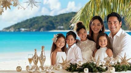 A joyful family celebration on the beach, surrounded by nature, capturing love and togetherness in a tropical paradise.